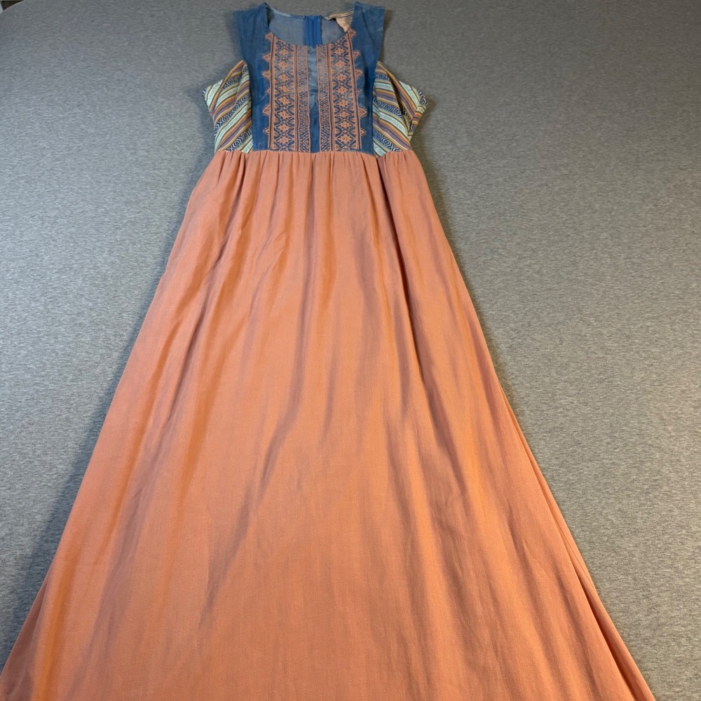 Flying Tomato Boho Maxi Dress Embroidered Denim Mixed Media Peach Orange M